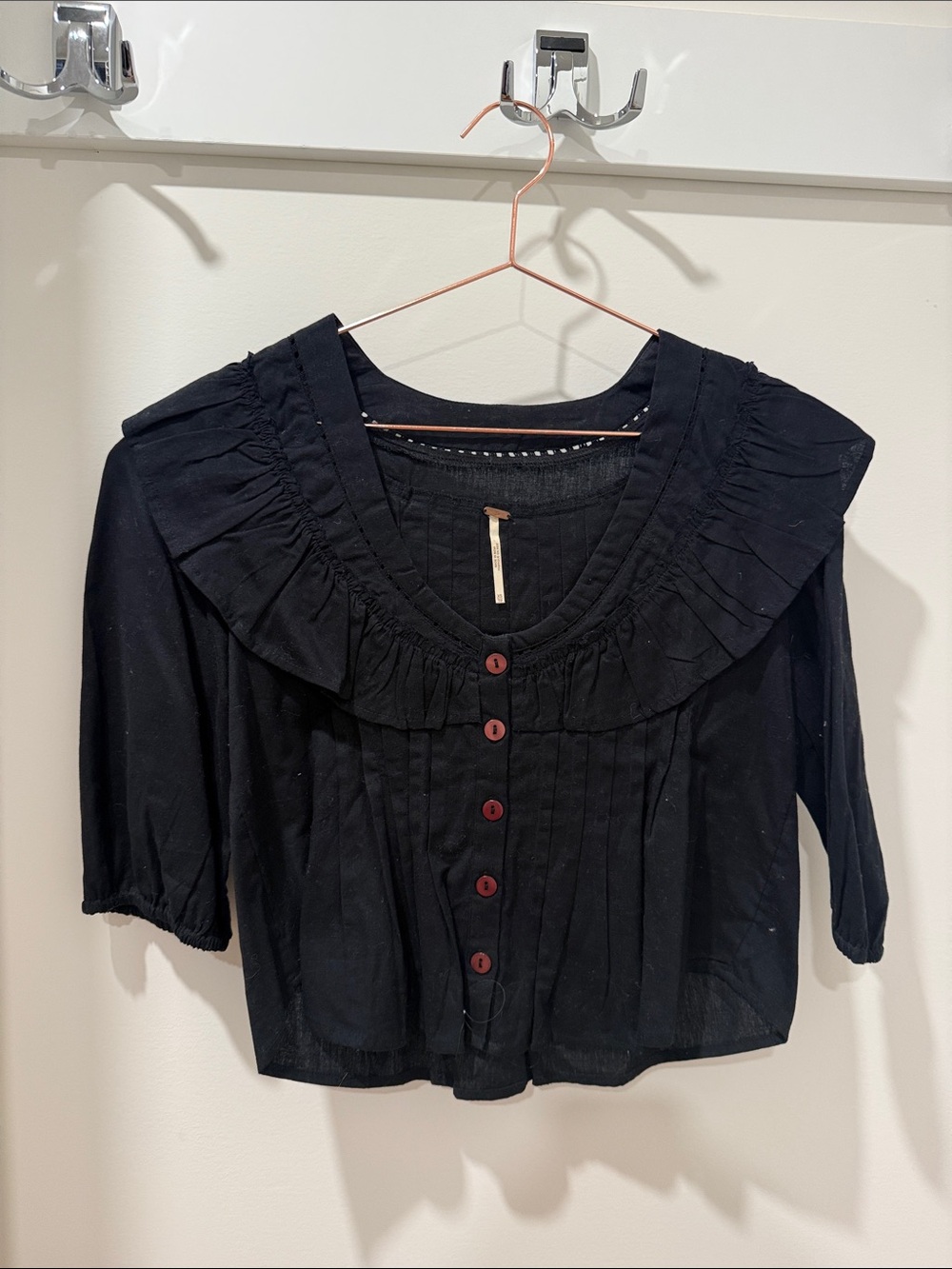 Free People Black Ruffle Collar Pintuck Button-Front Top